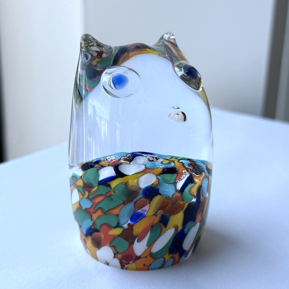 Czech Multicolor in Clear Art Glass Cat Kitten Paperweight Figurine 3" - Picture 1 of 9